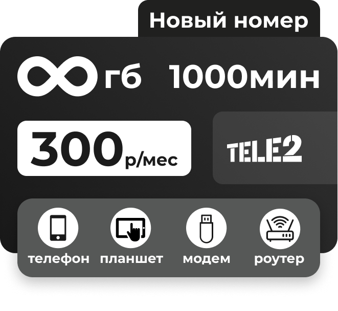 Сим-карта Теле2 с безлимитным интернетом и пакетом минут за 300 руб/мес.