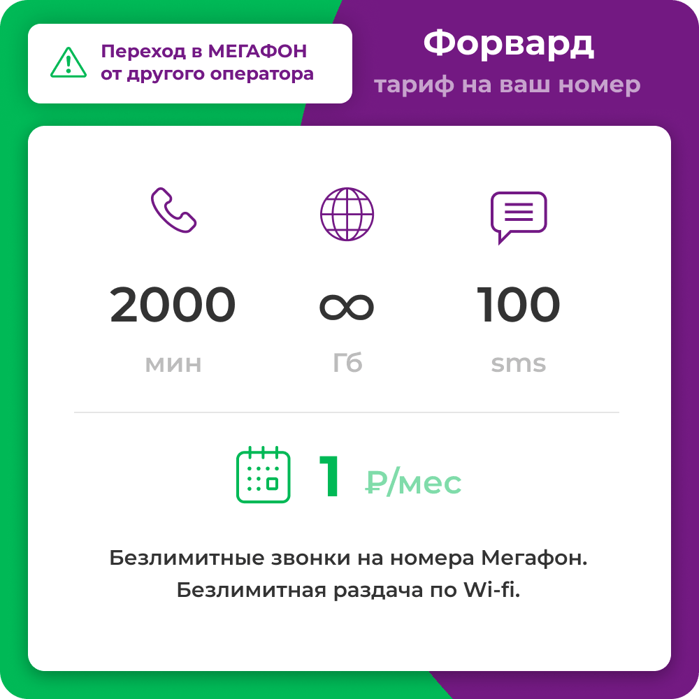 Тариф Мегафон "Форвард". Пакеты минут, смс и безлимитный интернет за 1 рубль. Подключение на действующий номер с переходом в Мегафон.