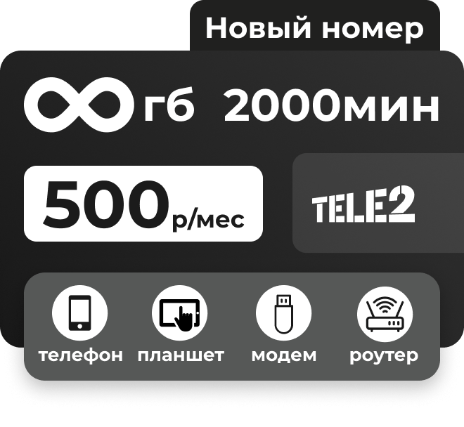 Сим-карта Теле2 с пакетами 2000 минут и безлимитным интернетом за 500 руб/мес. Для телефонов, планшетов, прошитых модемов и роутеров.