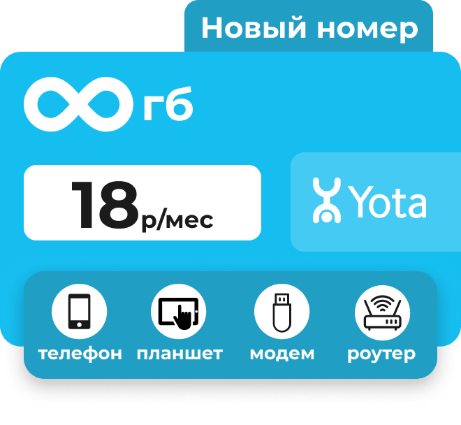 Сим-карта Йота с безлимитными интернетом за 18 руб/мес. Для модема, роутера, планшета и телефона.