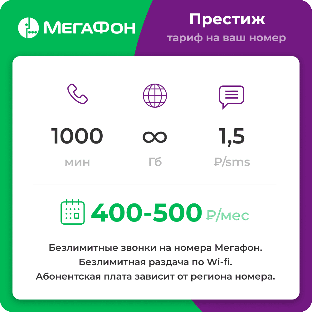 Тариф "Престиж" для действующих номеров Мегафон по всей России. Большие пакеты интернета и минуты на любые номера.