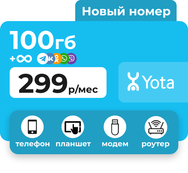 Симкарта Йота с пакетным интернетом 100 Гб. Подходит для любых устройств.